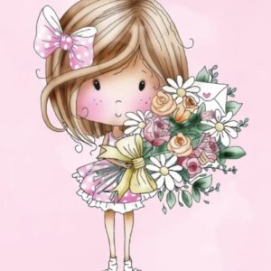 Meisje met bloemen en kaart
